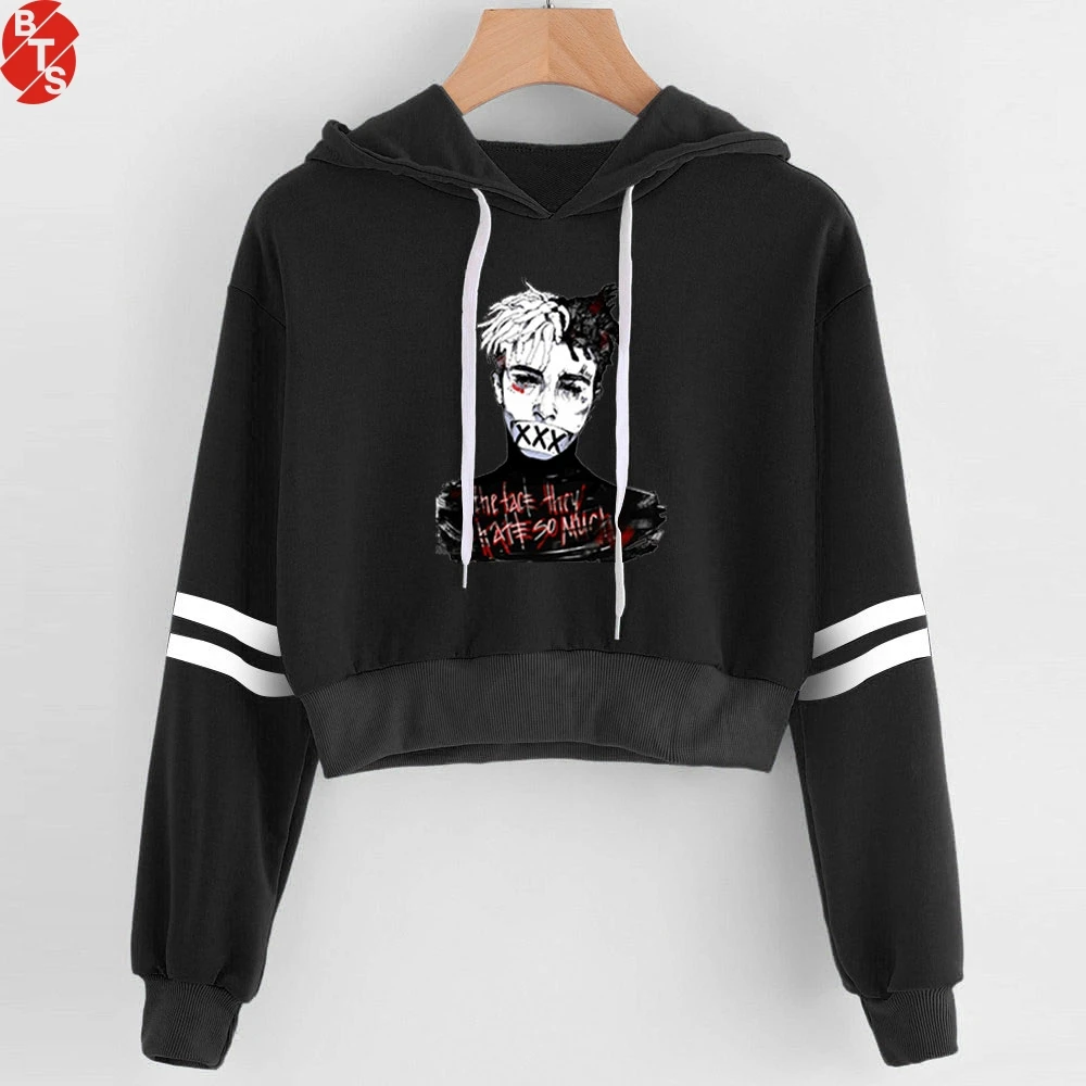Модные укороченные толстовки Xxxtentacion с длинным рукавом Женский пуловер капюшоном