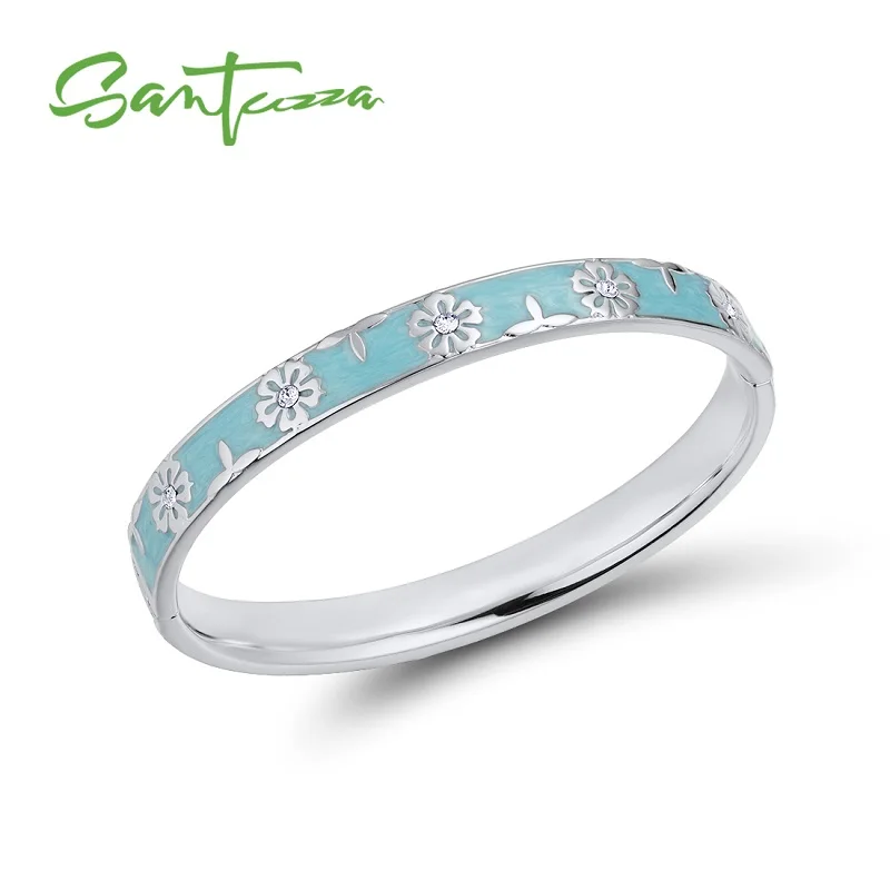 White Rhodium(Blue) Модный женский браслет SANTUZZA, многоцветные браслеты с цветами, сверкающие кристаллы, модные ювелирные изделия ручной работы, эмаль - Окраска металла: White Rhodium(Blue)