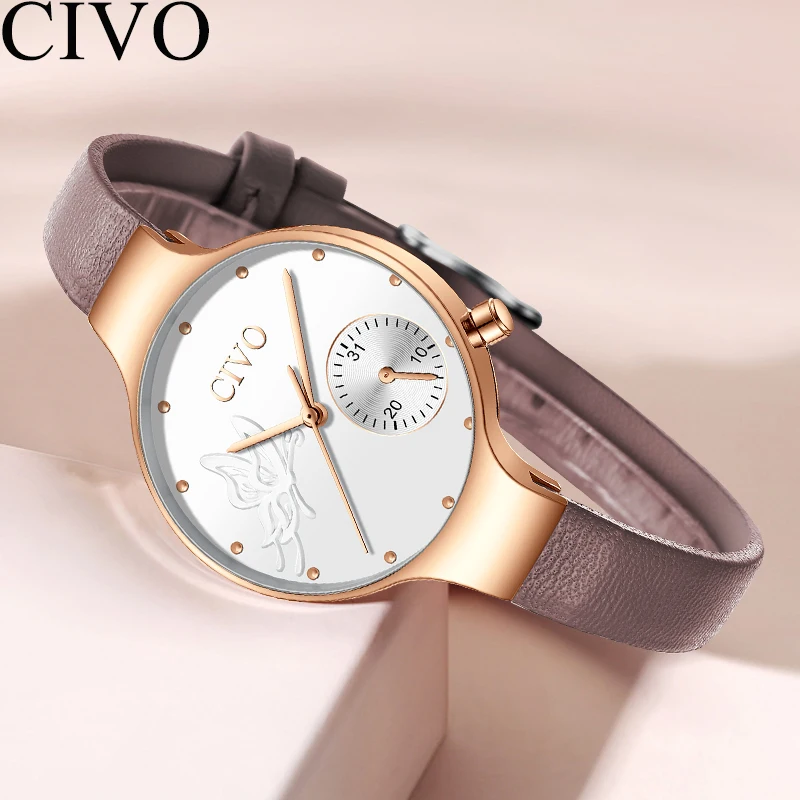 Модные женские кварцевые часы CIVO 2021 с кожаным ремешком повседневные
