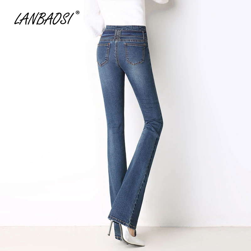 Женские расклешенные джинсы LANBAOSI синие джинсовые брюки палаццо с высокой