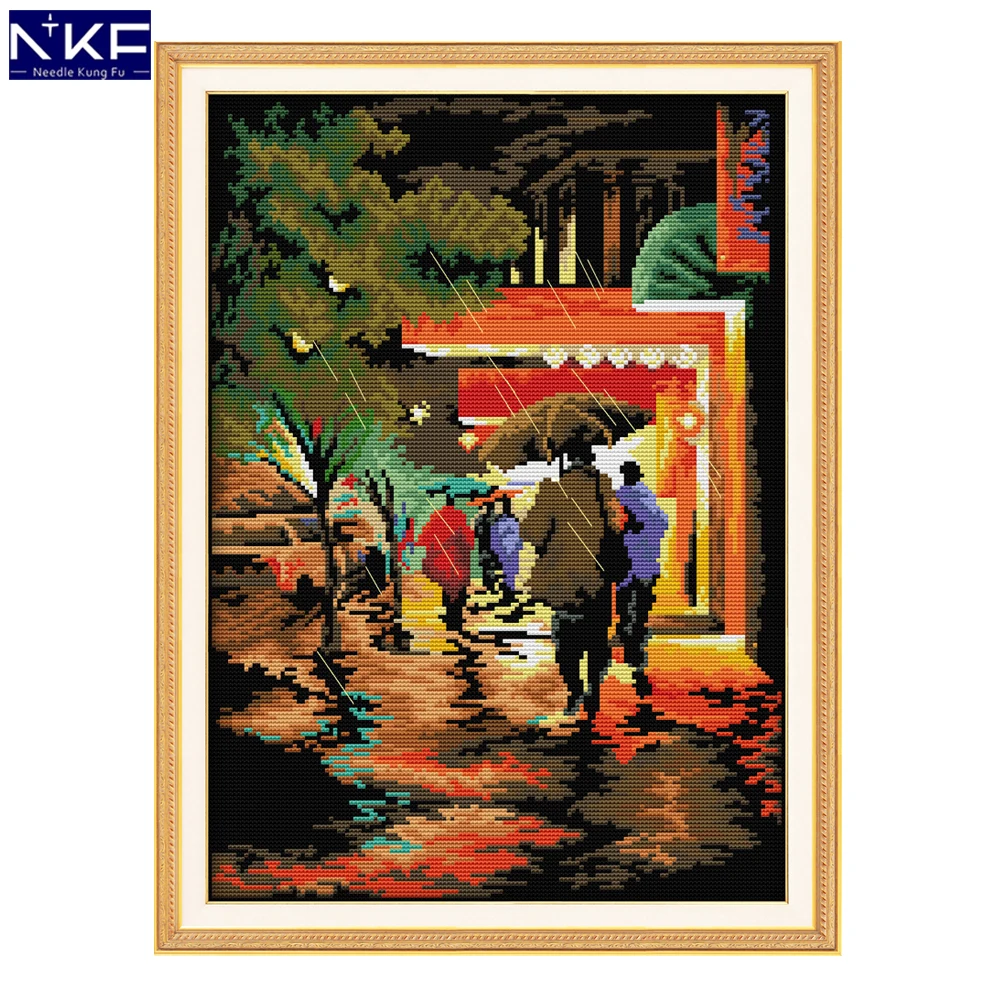 

NKF A Streetscape In The Rainy Night Stamped Cross Stitch DIY Kits Needlework Embroidery Set Chinese Cross Stitch for Home Decor
