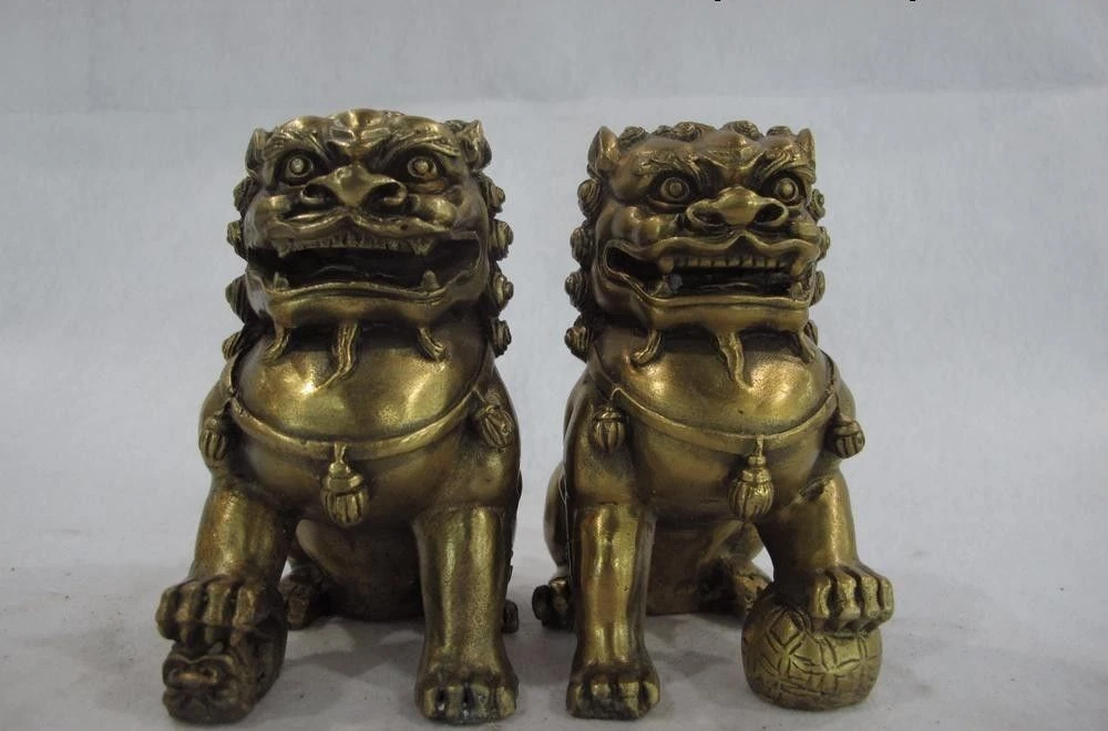 Tibet classical brass copper carved foo dog lion beast fengshui figurine Statue | Дом и сад