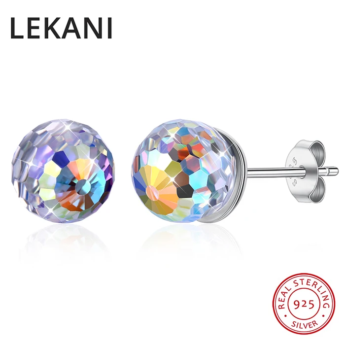 LEKANI кристаллы Swarovski Красочные шарообразные серьги гвоздики пирсинг S925 серебряные ювелирные изделия для женщин свадебный подарок для девочек - Цвет камня: Crystal AB