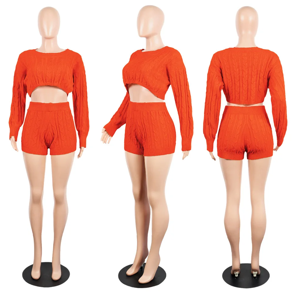 

Autumn New Women Suits Knitting O Neck Full Sleeve Top With Shorts Women Set