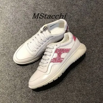 white Pink H Mcacchi/женские кроссовки из коровьей кожи с блестками; женская повседневная обувь на шнуровке, визуально увеличивающая рост; женские разноцветные кроссовки на не сужающемся книзу массивном каблуке - Цвет: white Pink H