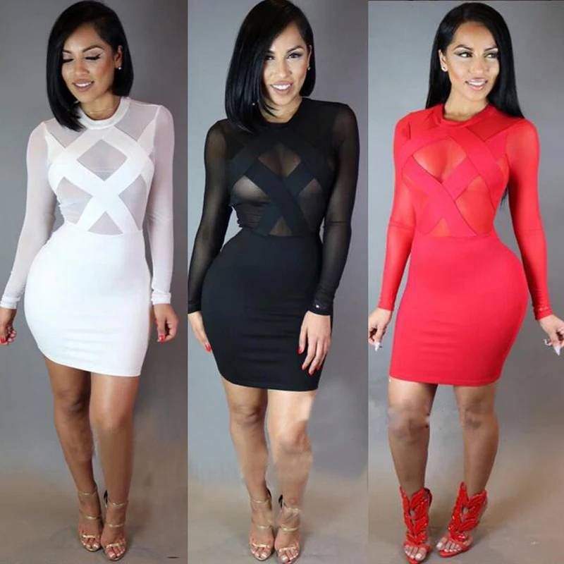 С длинным Рукавом 2016 Летний Красный Mesh Лоскутное Sexy Прозрачный Крест Женщины