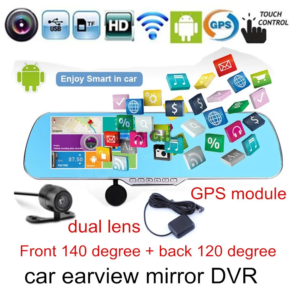 

Автомобильный видеорегистратор FHD1080P, Android 4.0.3, 5 "сенсорный экран, зеркало заднего вида, двойная камера, GPS, Wi-Fi, FM