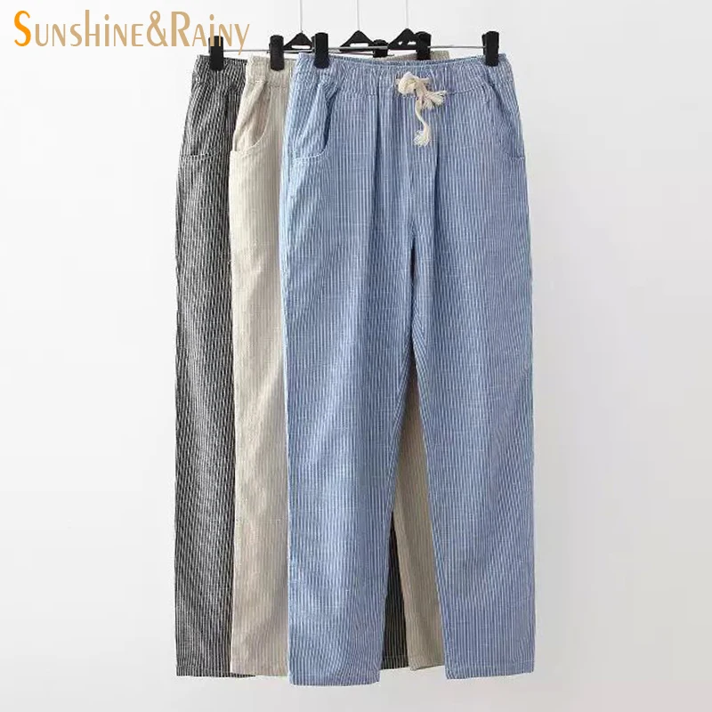 2017 весенне-летние полосатые брюки женские хлопковые льняные для отдыха удобные