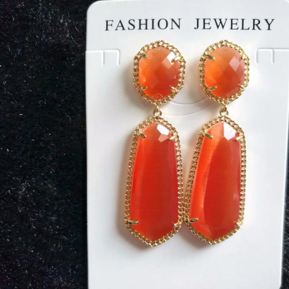 Оранжевые синие зеленые серьги с кошачьим глазом простым дизайном висячие для