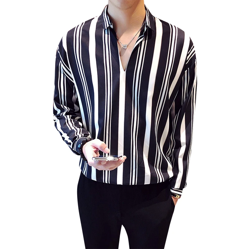 Модная мужская рубашка с v образным вырезом и длинным рукавом Хлопковая