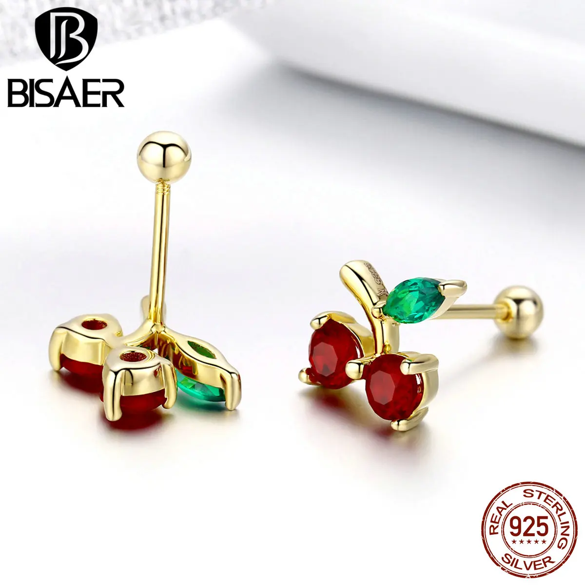 BISAER, 925 пробы, серебро, вишня, фрукты, маленькие серьги-гвоздики для женщин, красная вишня, модные серьги, ювелирное изделие, ECE543