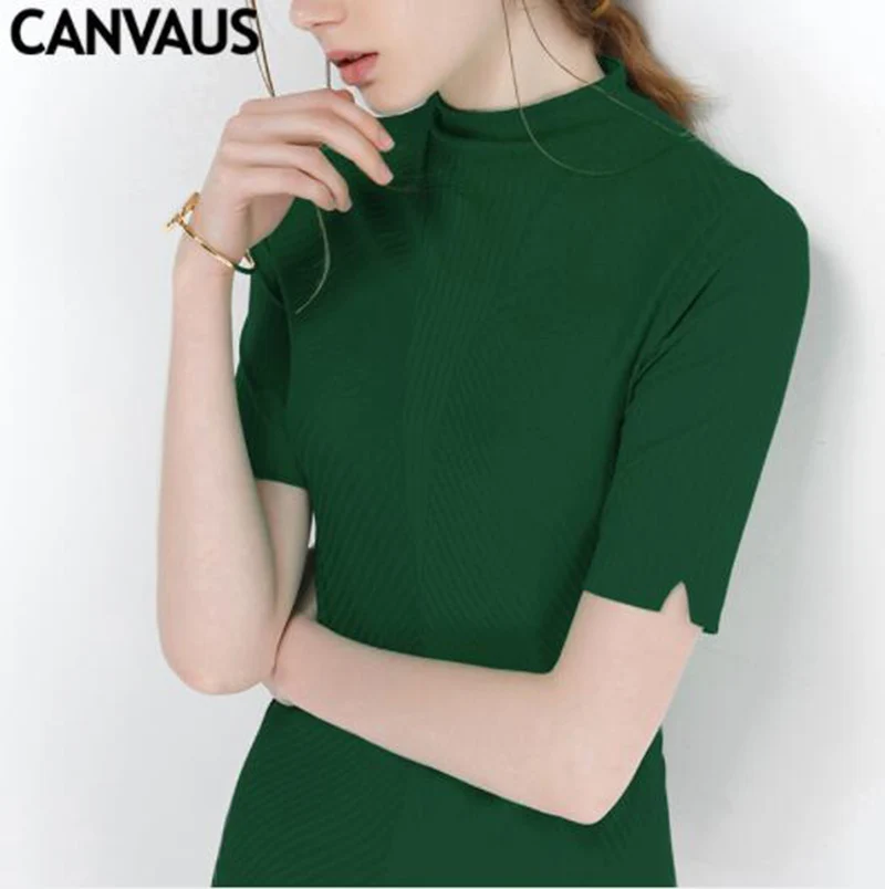 

CANVAUS New Summer Women Cotton Solid Slim Casual Turtleneck Half-sleeved T-shirt Tops Office Lady Bottoming Shirt K147A