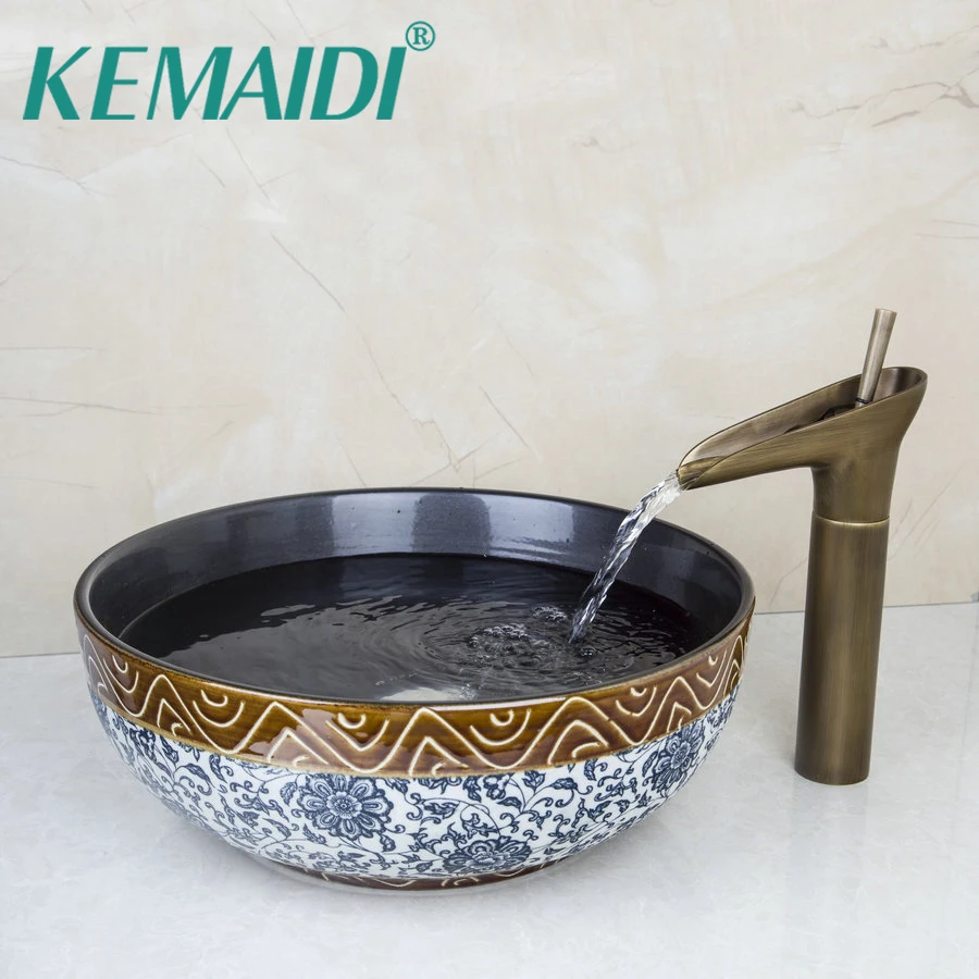 

KEMAIDI Retro Blue And White Porcelain Ceramic Bowl Sinks / Vessel Basins With Bathroom Brass Waterfall Faucet Sink Set