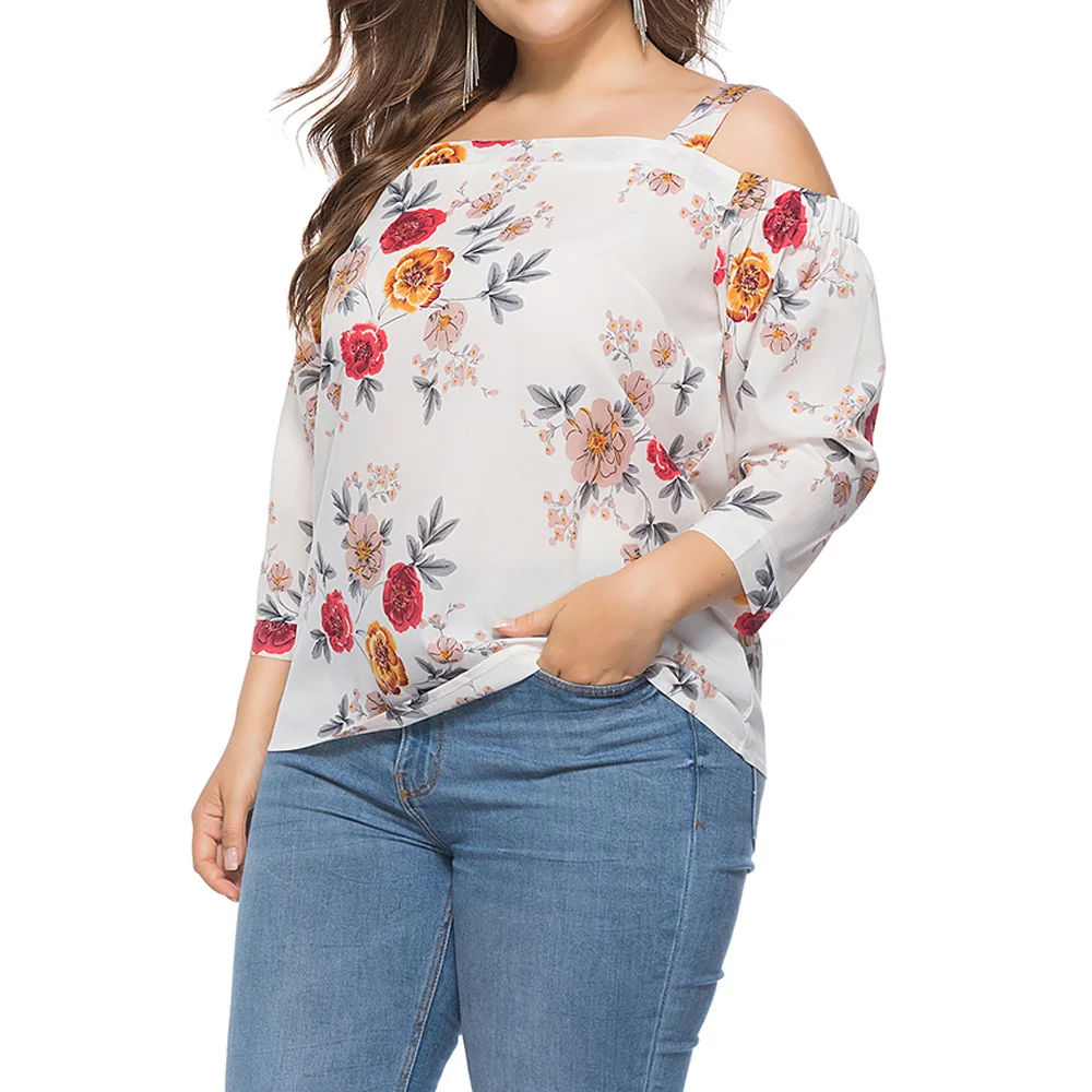 Плюс Размер Топы с открытыми плечами для женщин Цветочный принт блузка Рубашки
