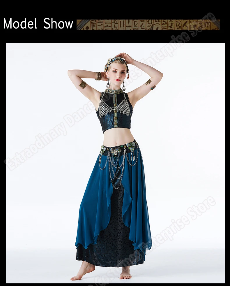 New Women Gypsy Top Belly Dance ATS Tribal Costume Suit Set Bra Top Skirt Bead Gypsy Dress Stage Performance Tribal