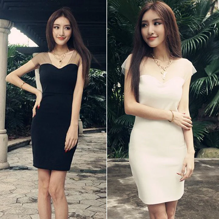2015 summer style sexy nightclub mosaic shoulder mesh Joker short sleeve slim dress | Женская одежда