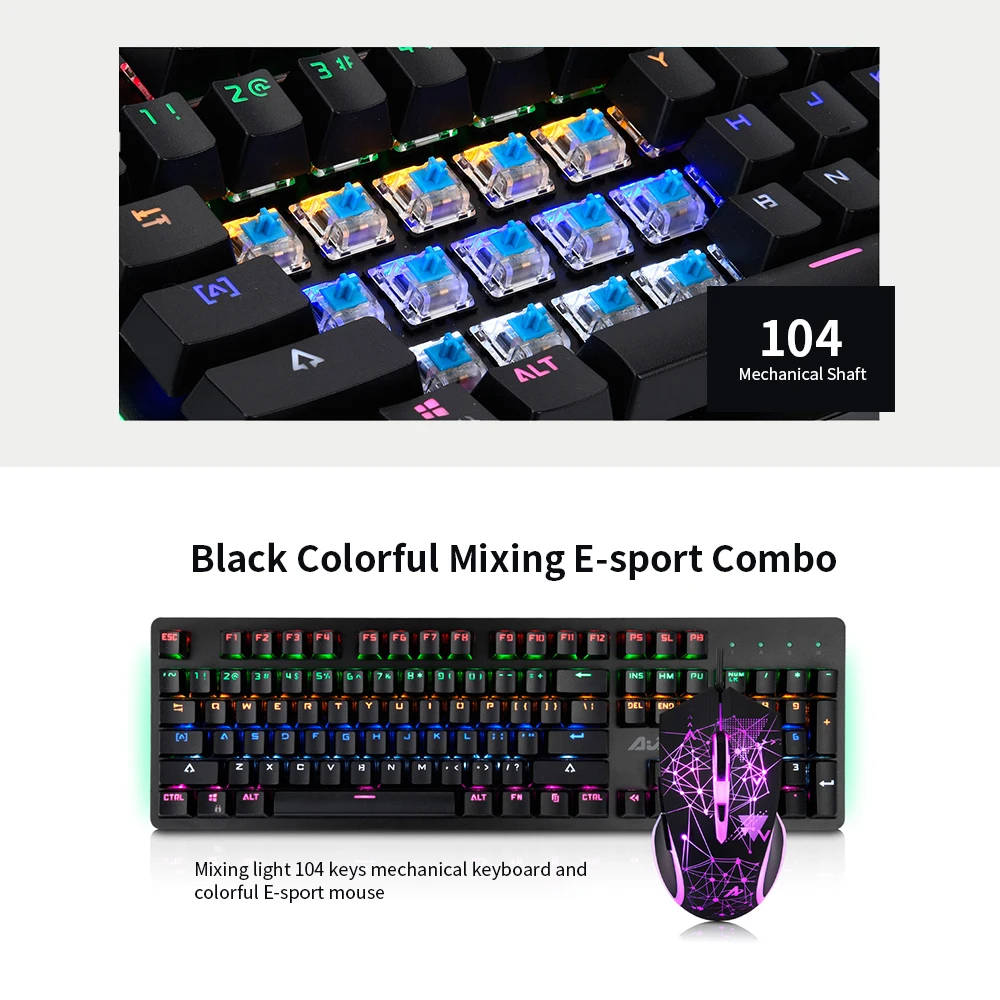 AJAZZ 104Key механическая клавиатура мышь комбо игровая набор светодиодный с подсветкой синие переключатели 2400DPI