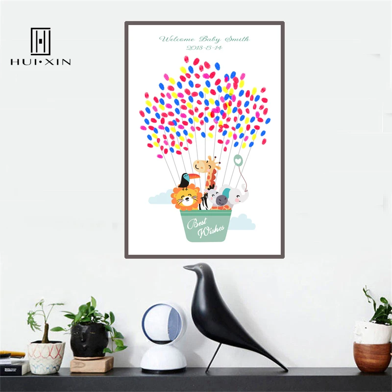 

DIY Fingerprint Guestbook Souvenir Cute Animals in Hot Air Balloon Basket Bringing Best Wishes for Birthdays Weddings Wall Decor