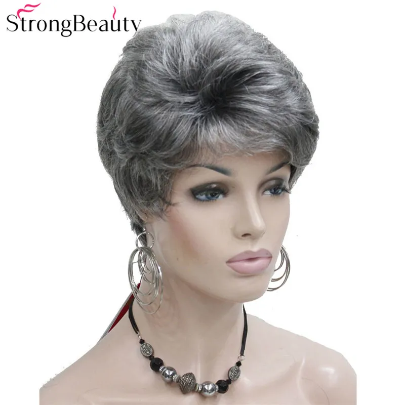 StrongBeauty синтетические Короткие Волнистые Волосы пышные натуральные светлые/серебристо-серые парики с челкой для женщин много цветов на выбор