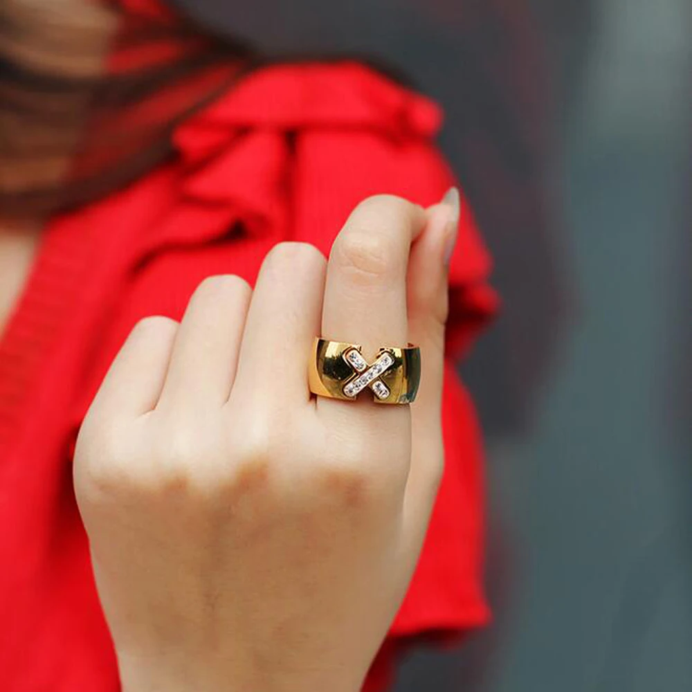 Новое поступление, Золотое кольцо Bijoux, ширина 14 мм, Большой Крест CZ, кольцо для женщин, модное ювелирное изделие,, подарок