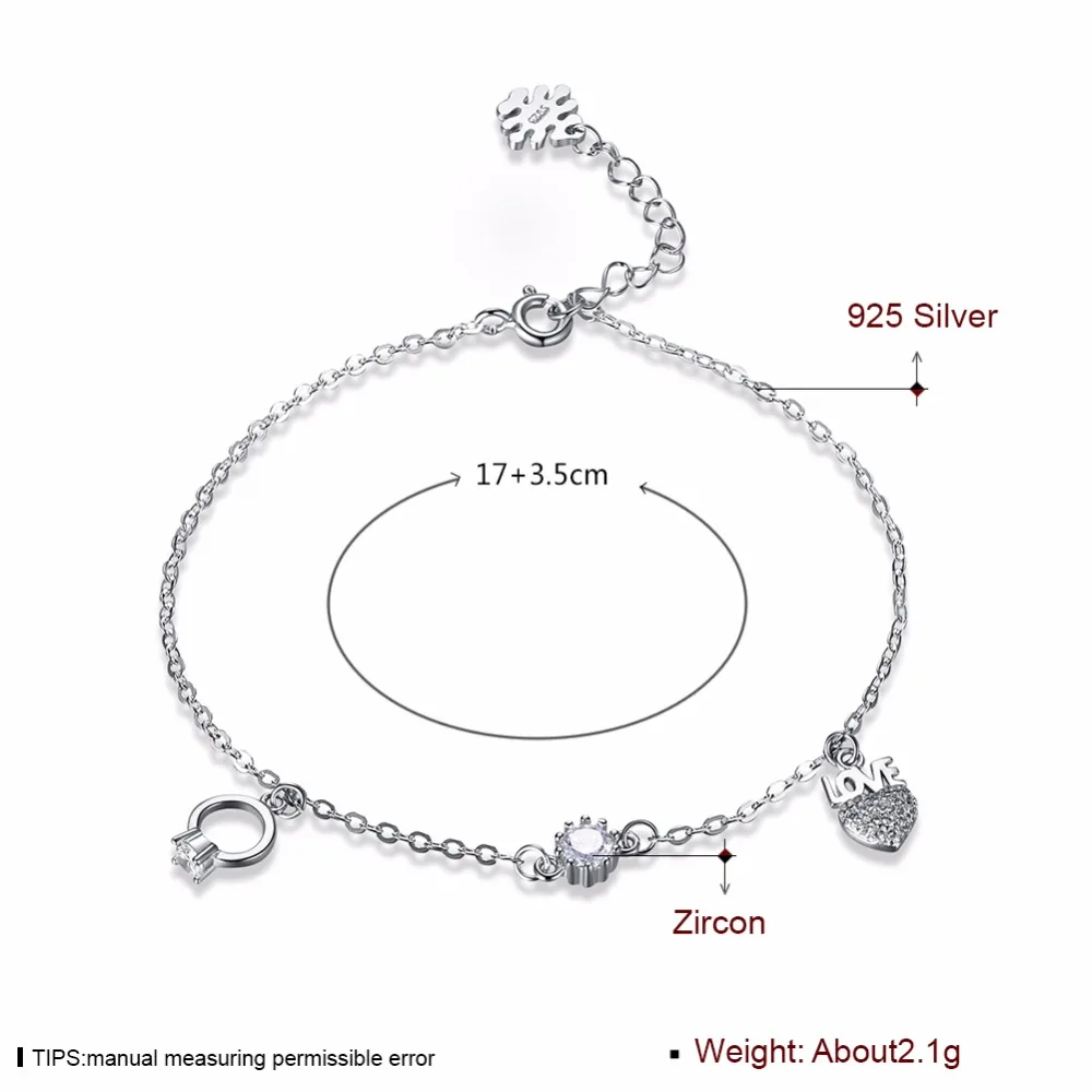 Женский браслет из серебра 100% пробы с кристаллами|heart charm bracelet|charm braceletsilver bracelet |
