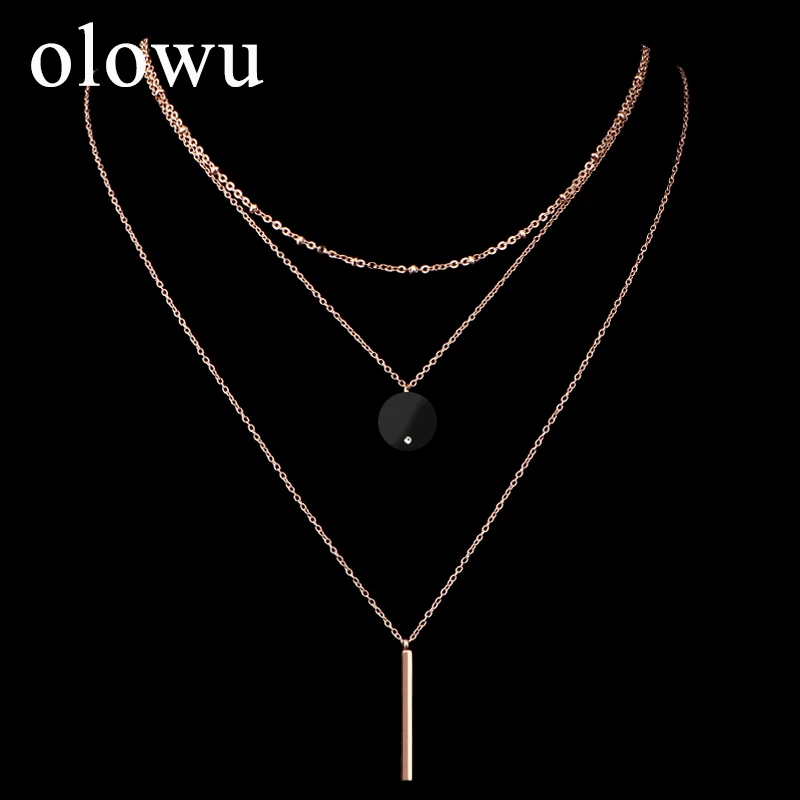Olowu Для женщин богемные Стиль 3 мульти-Слои колье Цепочки и ожерелья покрытие розовым золотом черного цвета с круглым носком кулон Цепочки и ожерелья Нержавеющая сталь ювелирные изделия