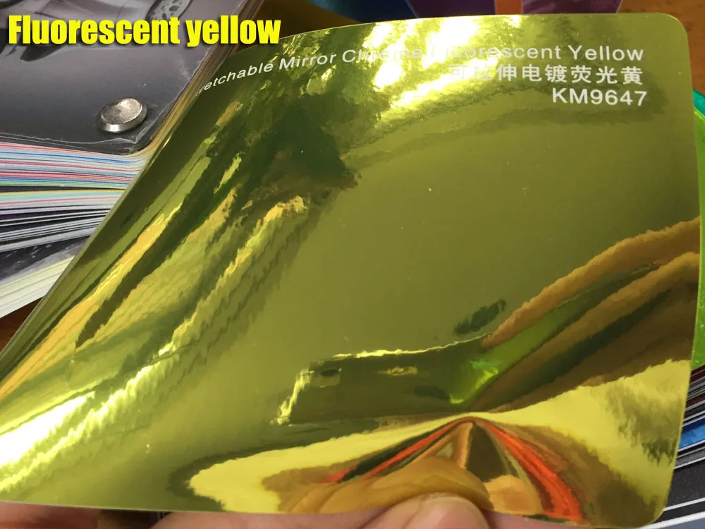 Fluorescent yellow Высокое качество растягивается серебро хром зеркало виниловой пленки Серебристый Хром виниловые наклейки автомобиля - Название цвета: Fluorescent yellow