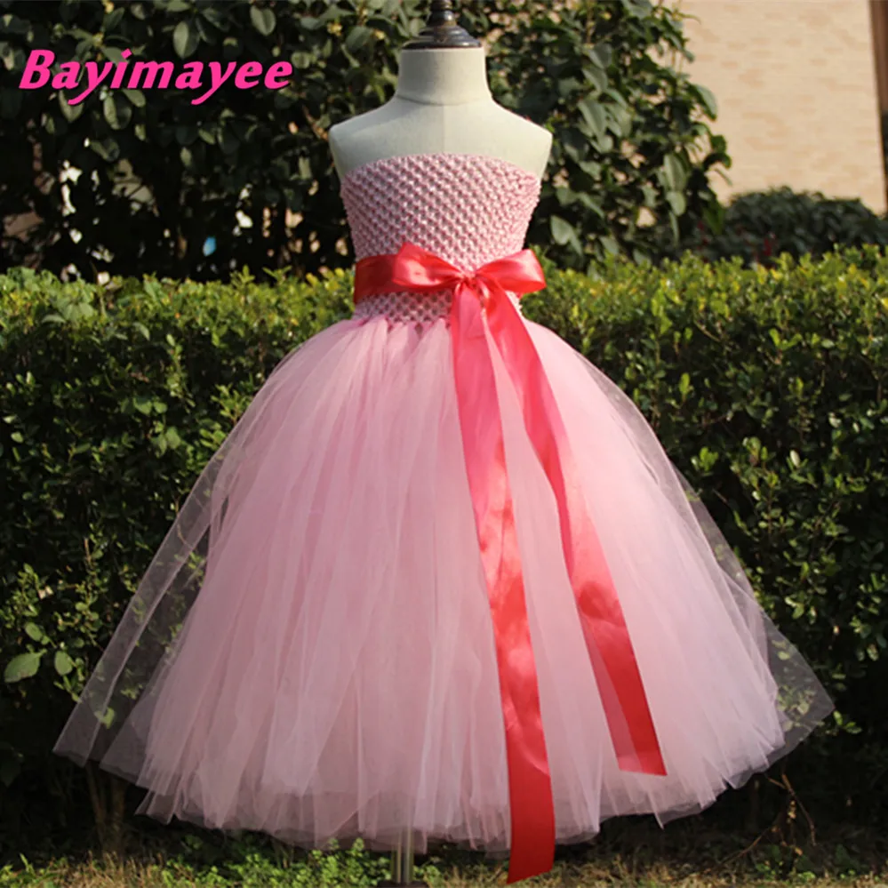 Cute Girls Pink Crochet Long Tutu Dress Kids Fluffy Corset Tulle Tutus Ball Gown with Ribbon Bow Children Wedding Party Dresses | Детская