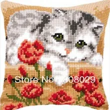 Tapestry Cushion Poppy flowers cat Pillowcase JCS LOGO Throw Pillow Cross Stitch Kits for Embroidery on Pre-painted Canvas | Дом и сад