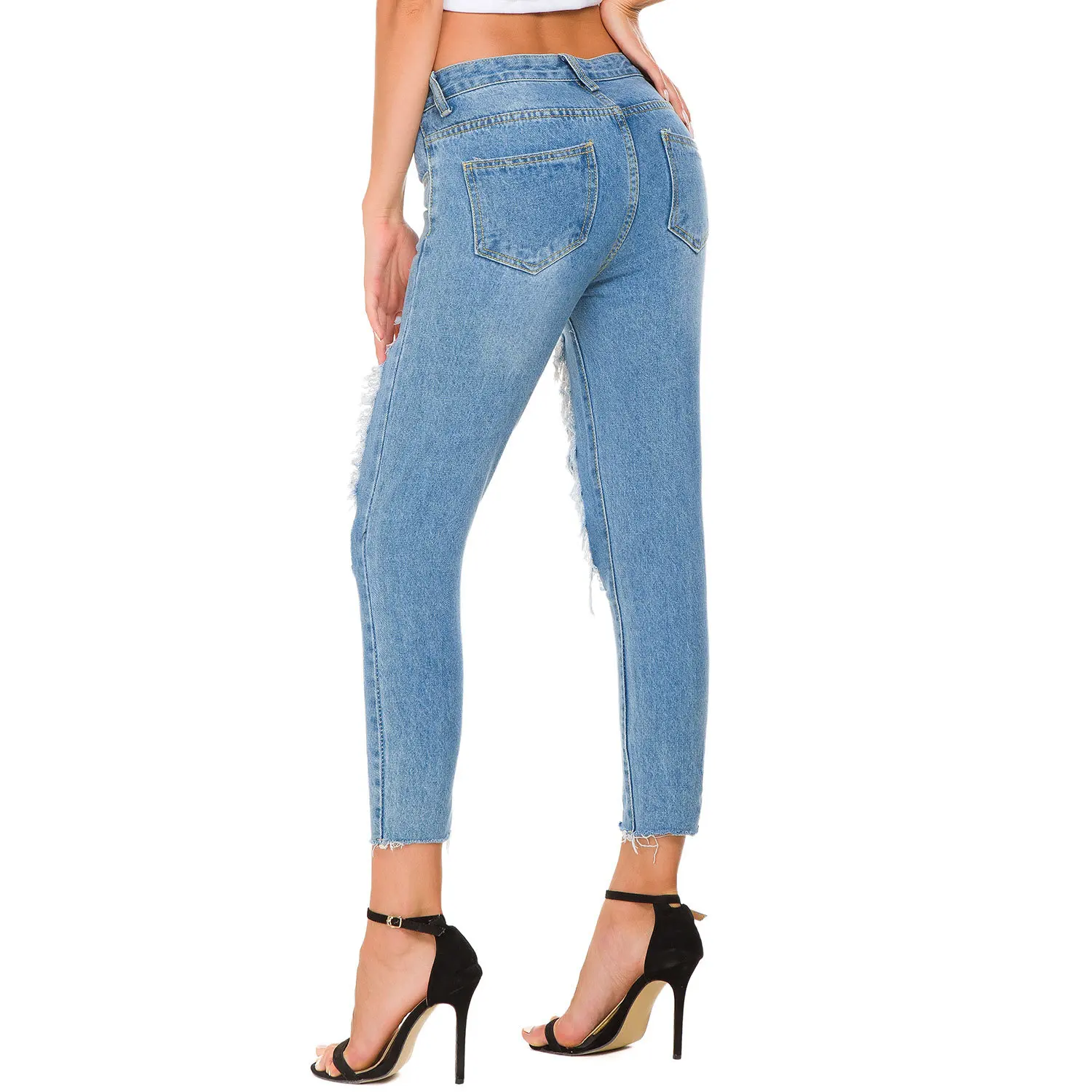 2018 Autumn Stylish Ripped Hole Jeans Women Casual Regular Ankle-Length Denim Pants | Женская одежда