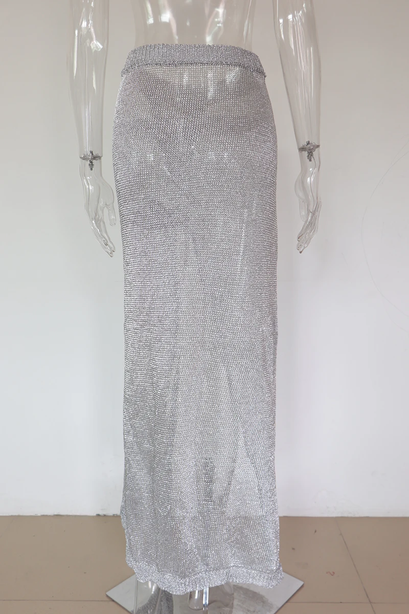 Beyprern Casual Metallic Solid Rose Gold Ankle Length Skirt New Summer Women Silver High Quality Hollow Out Beach Wear | Женская одежда