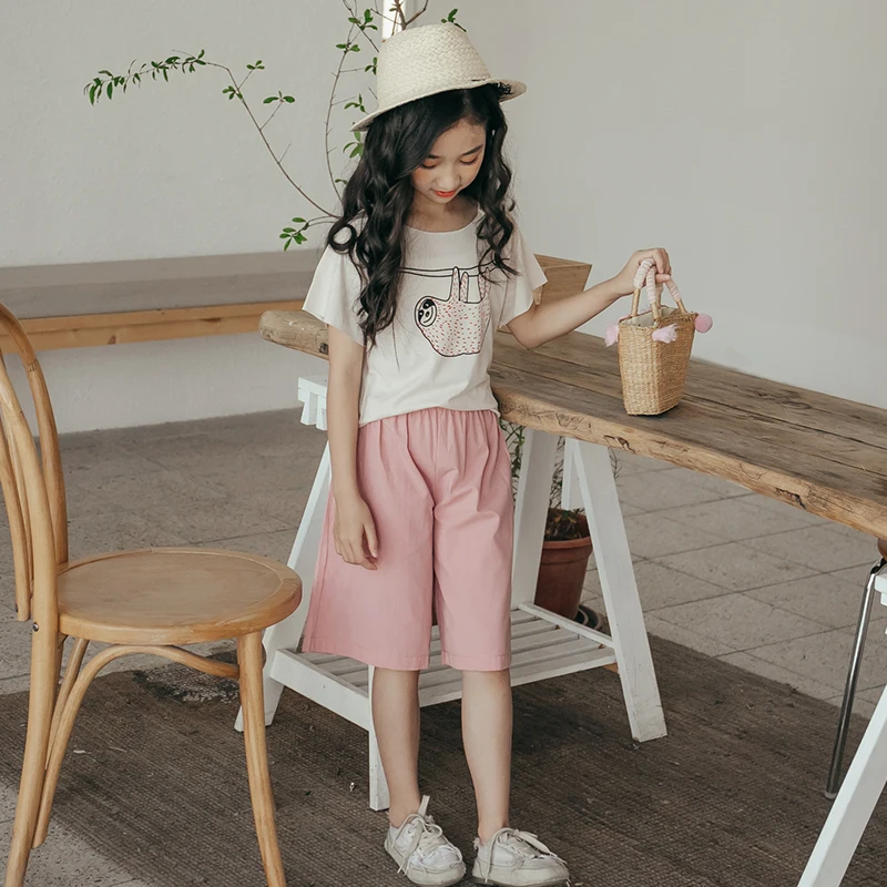 Girls 'Summer Suit 2019 New Fashion Large Children's Short Sleeve T Shirt Pink Wide Legs Pants Two Sets | Детская одежда и