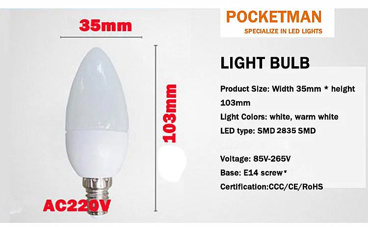 Бесплатная доставка! 1 шт./лот 5 Вт E14 светодиодные свечи лампы 2835 SMD высокая