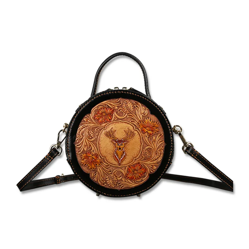 

Johnature Vintage High Quality Genuine Leather Circular Handmade Carved Women Handbag 2021 New Cowhide Shoulder&Crossbody Bags