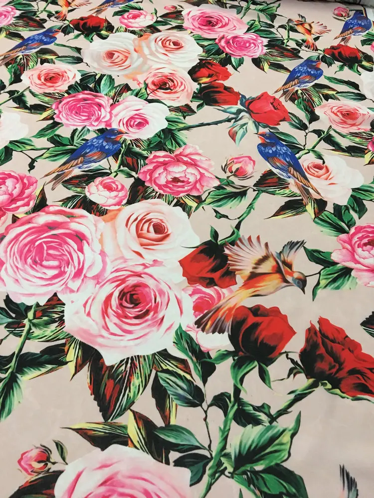 Шелковая шифоновая ткань с цветочным принтом и птицами тонкая мягкая для платья