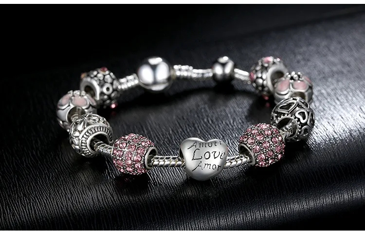 JKJ Silver Plated 925 Crown Beads Key Crystal Love Heart Charm Bracelet Fits For Women DIY Jewelry gifts | Украшения и аксессуары