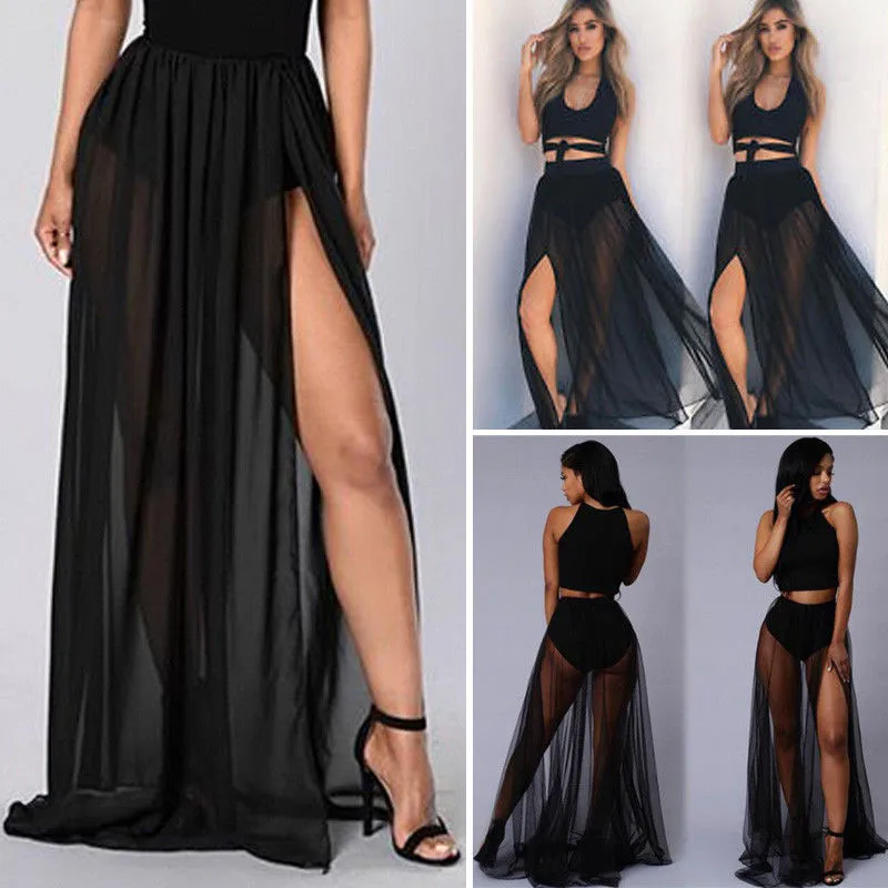 

Women See Through Sheer Side Split High Waist Skirt Black Solid Transparent Chiffon Empire Pleated Maxi Long Skirt Summer Hot