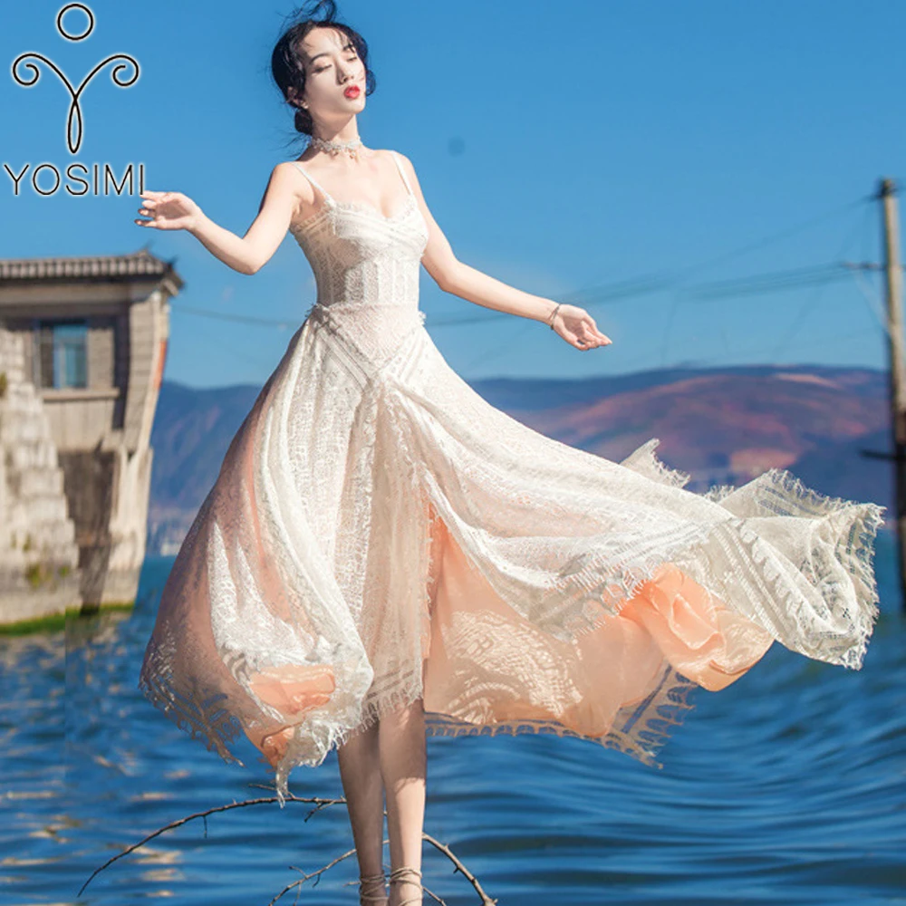 YOSIMI, летнее женское длинное платье, для вечеринки, макси, Винтаж, для девушек, Кружевная туника, на тонких бретелях, платье длиной до щиколотки, без рукавов