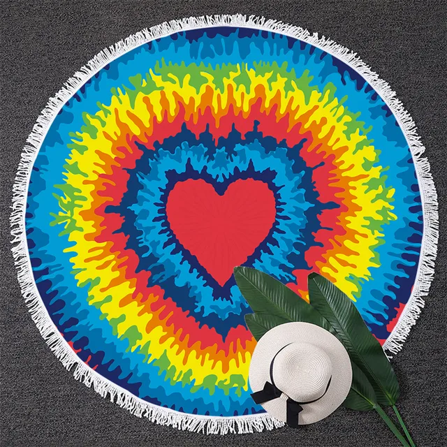 BlessLiving Rainbow Tie Dye Beach Towel for Adults Colorful Swirl Heart Shape Tye Dye Yoga Mat Round Beach Blanket with Tassels 2