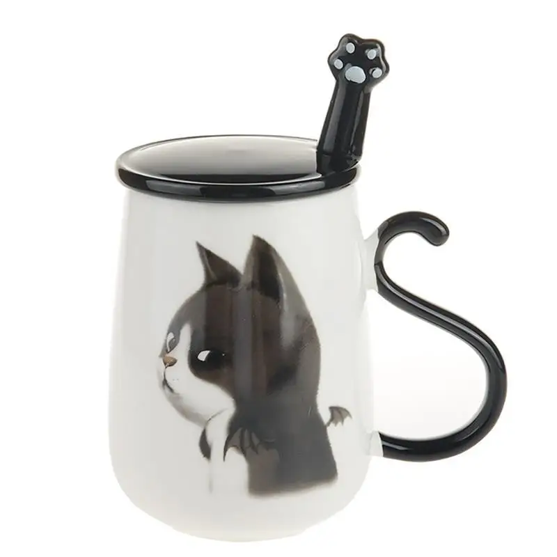 Evil Cat Керамическая кофейная кружка с милым рисунком кота с ложкой и крышкой, креативная большая кофейная кружка 450 мл для здорового кота - Цвет: Evil Cat