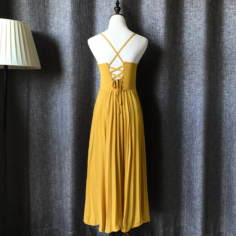 Женское летнее платье макси желтое Плиссированное шифоновое богемное длинное