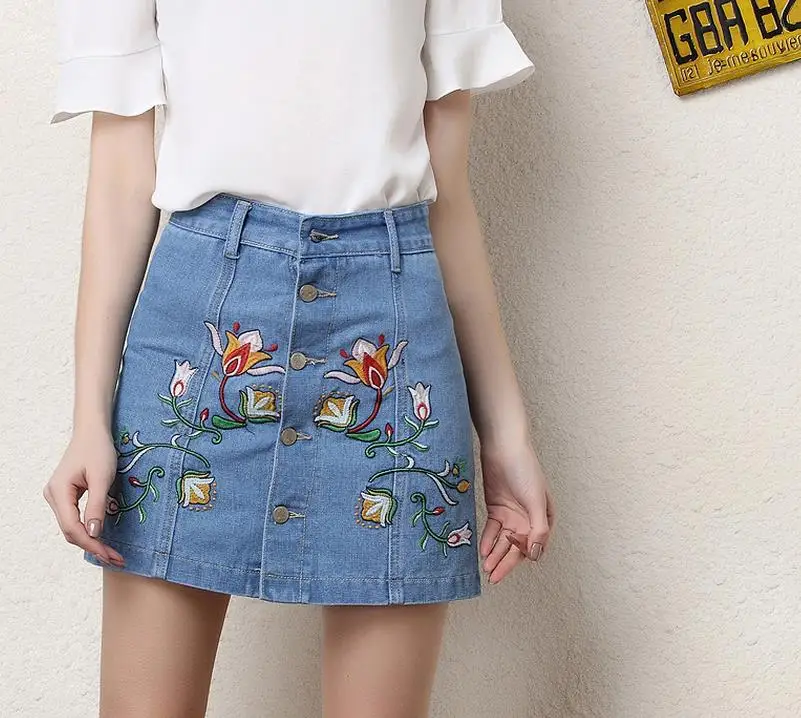Плюс размер 3XL джинсовые юбки женские 2017 старинные цветок вышитые джинсы юбка