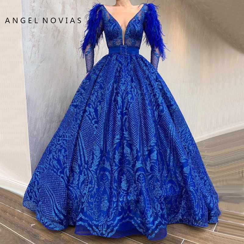 

Angel Novias Long Sleeves Ball Gown Royal Blue Evening Dress 2019 kaftan Dubai with Feather Vestido Formatura Long Party Dress