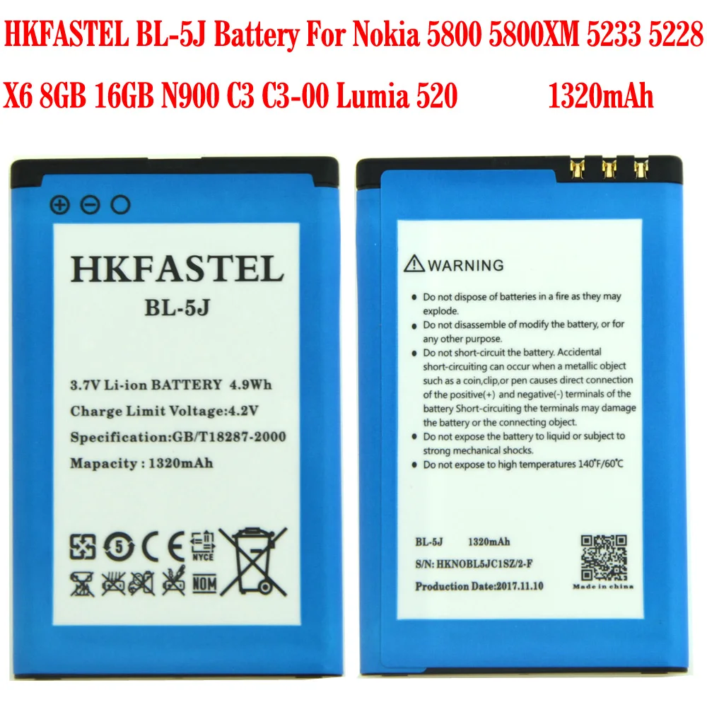 HKFASTEL Новый BL 5J литий ионный аккумулятор для мобильного телефона Батарея Nokia 5800