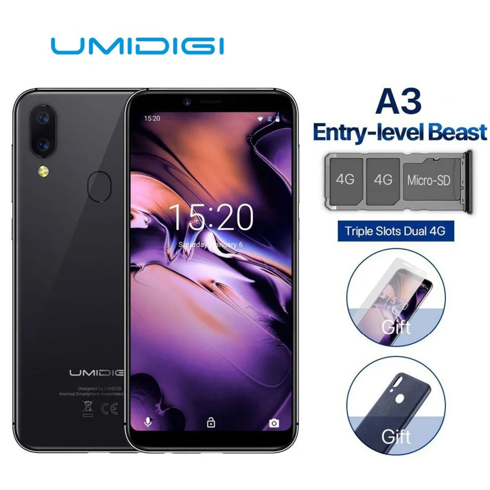 Umidigi A3 глобальная лента 5 &quotincell Hd + дисплей 2 ГБ 16 Гб Смартфон 4 ядра Android 8 1 12mp 5mp с
