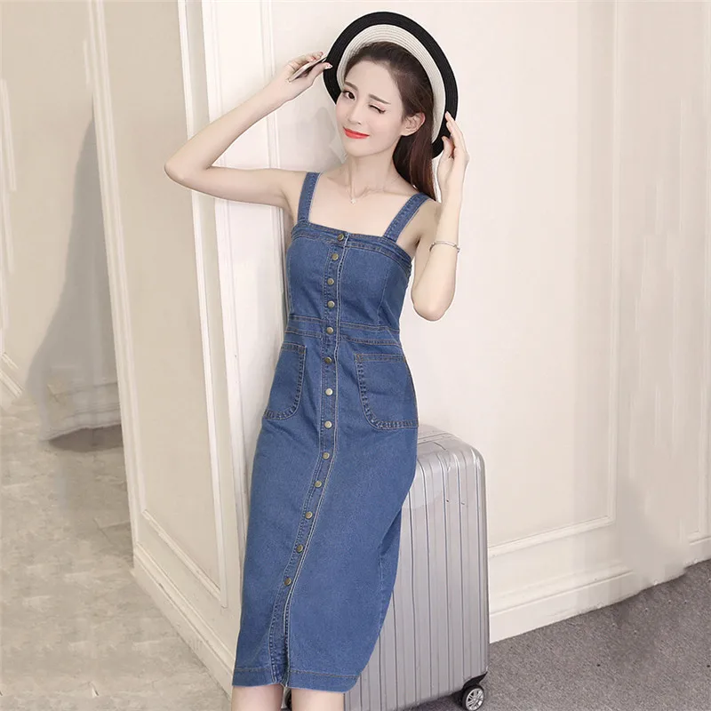 Женские летние джинсовые платья новинка 2018 однобортные женские с высокой талией