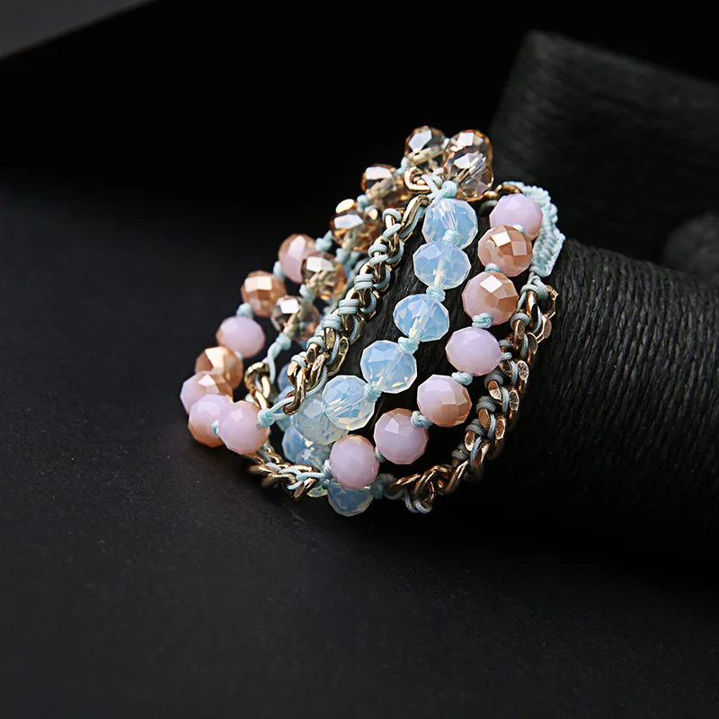 Плетеная цепочка из веревки длинный многослойный браслет бисера розовый синий