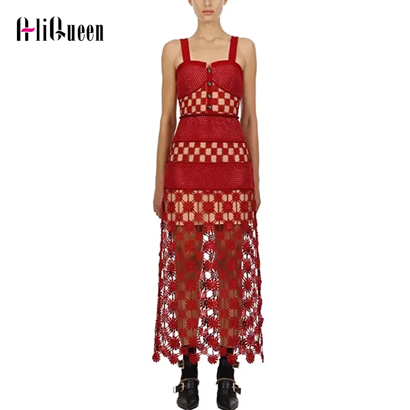 Self Portrait Women Dress Runway Lace Long Party Hollow Out Knit Patchwork Spaghetti Strap White Red Vestidos | Женская одежда