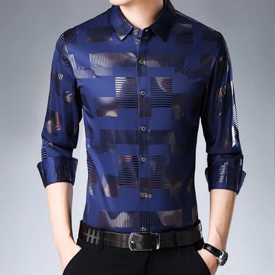 dark blue MIACAWOR, новинка, деловые повседневные рубашки для мужчин, модный принт, приталенная рубашка, длинный рукав, Camisa Masculina размера плюс, одежда C457 - Цвет: dark blue