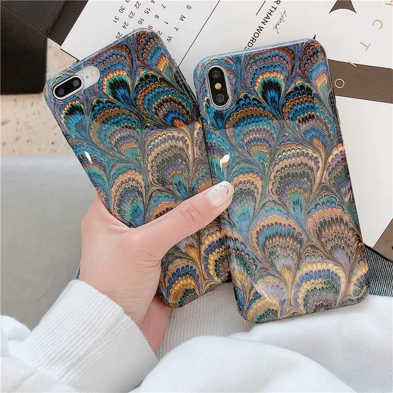 Peacock Feather Glossy Tpu Soft Shell For Iphone 66s 78 78plus x/Xs Xr Xsmax Vintage Fashion Drop Protection Sleeve |